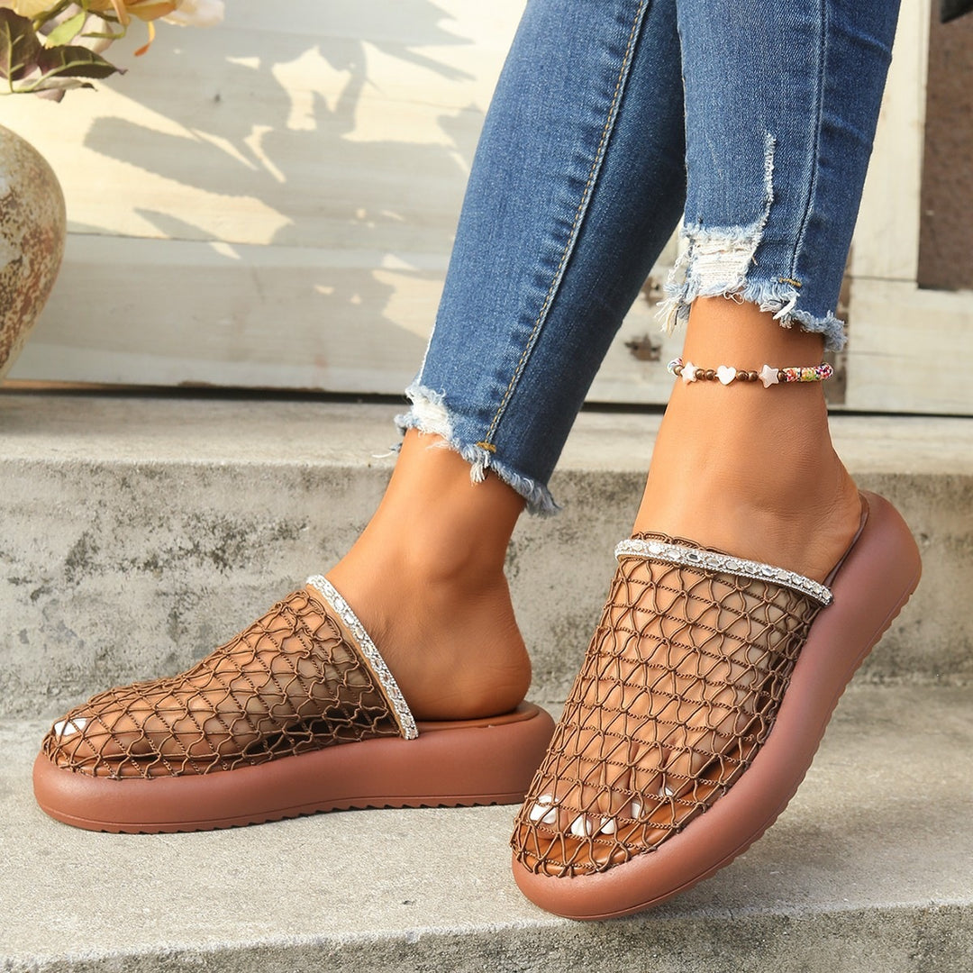 Damen Plateau-Pantoletten mit Netzdesign und Glitzerakzenten EB