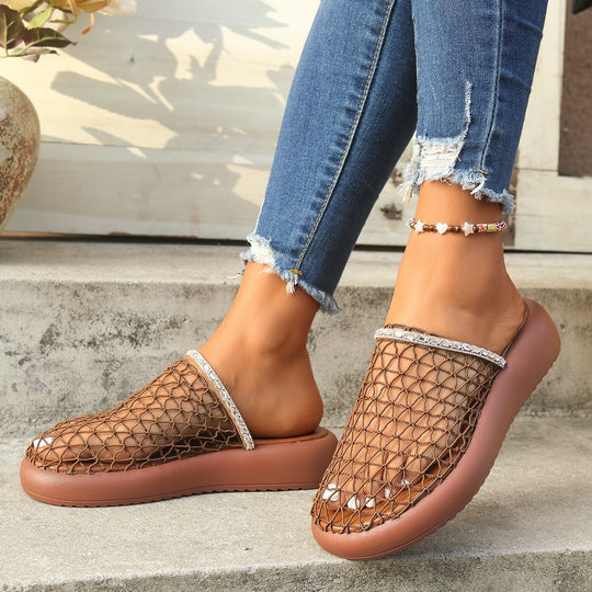Damen Plateau-Pantoletten mit Netzdesign und Glitzerakzenten EB