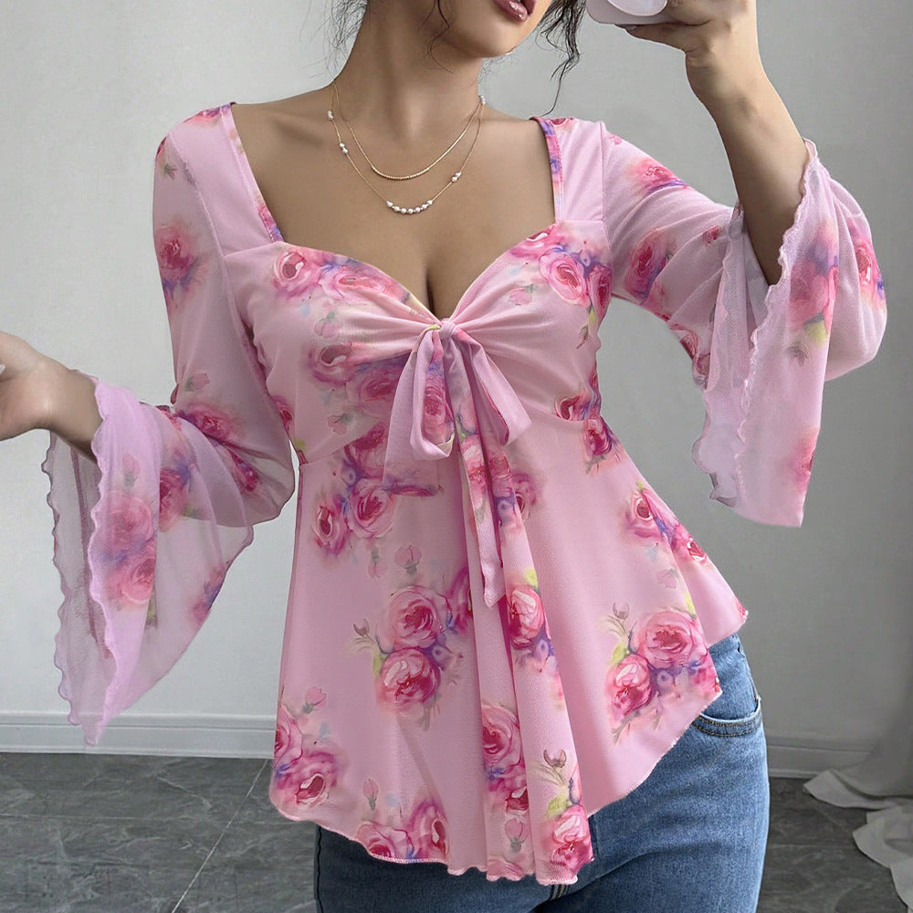 Damen florales Chiffon-Top mit Bindeschleife, Herzausschnitt, ausgestellten Glockenärmeln und tailliertem Schößchen Eichborn Berlin