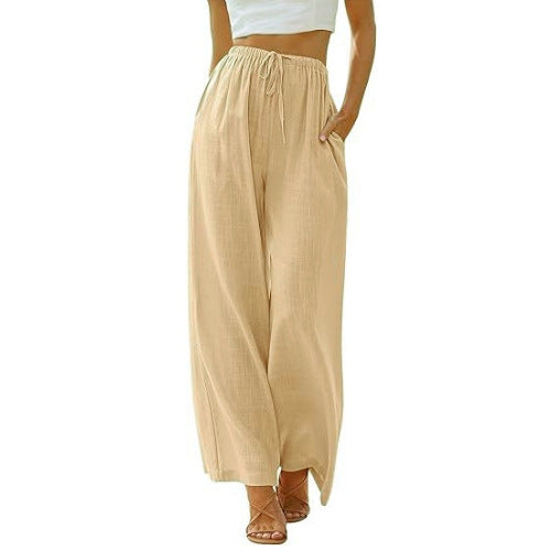 Damen nan weite Leinenhose mit elastischem Bund Kordel und Seitentaschen EB