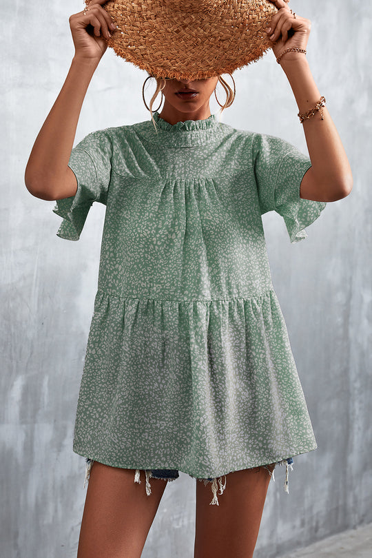 Damen luftiges Freizeitkleid mit voluminösen Rüschen und hohem Stehkragen EB