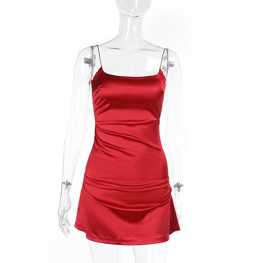 Damen elegantes Minikleid mit schulterfreien Spaghettiträgern und raffinierten Rüschendetails EB