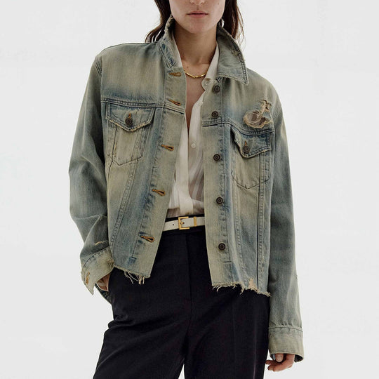 Damen nan oversized Destroyed-Denimjacke mit rohem Saum, aufgesetzten Brusttaschen und vintage Waschung EB