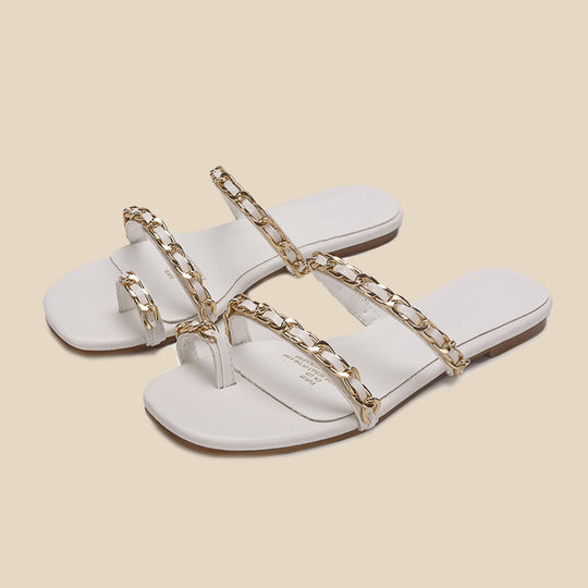 Damen Designer Zehensteg-Sandalen mit elegantem Kettenakzent EB