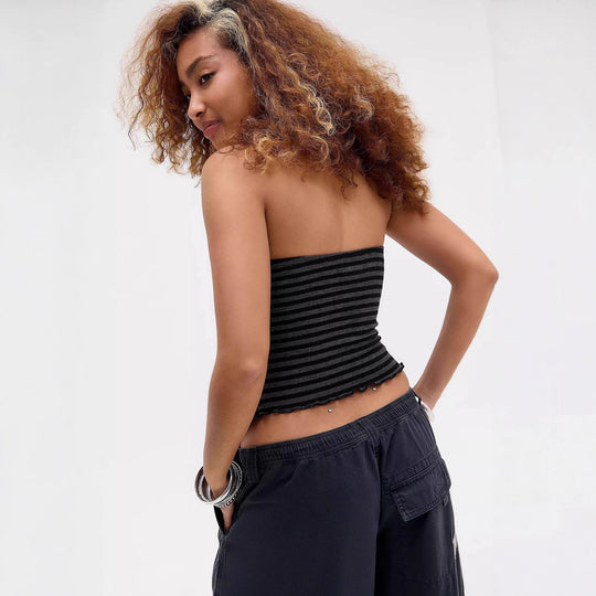 Damen gestreiftes Top mit Rüschendetails und modischem Bindeband EB