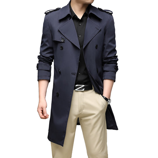 Herren Moderner Slim-Fit Trenchcoat mit Epauletten und doppelreihiger Knopfleiste EB