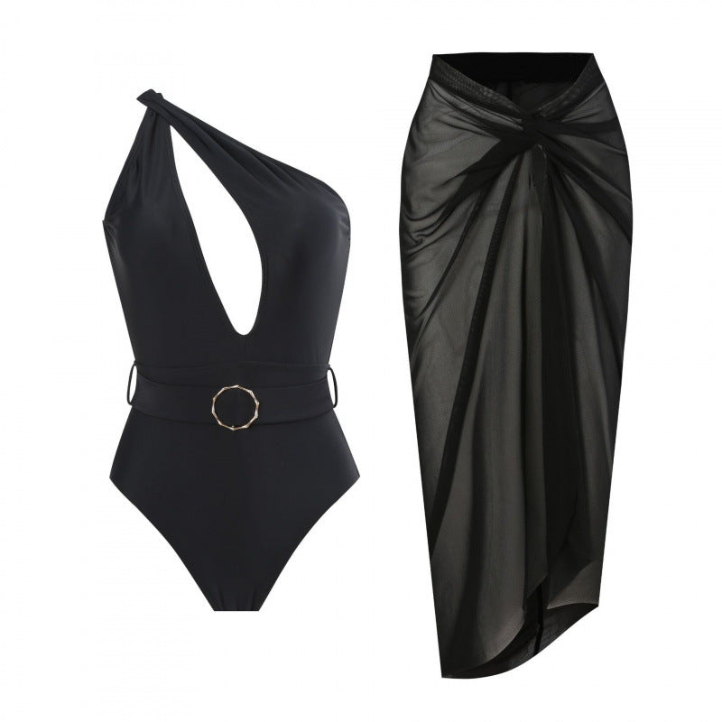 Damen Einteiliger Badeanzug mit asymmetrischem Schnitt und Wickelrock EB