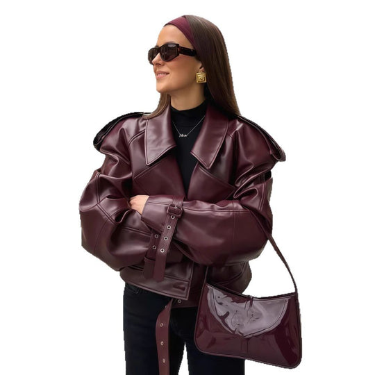 Damen oversized Kunstlederjacke mit statement-Manschetten EB