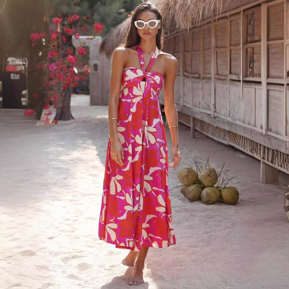 Damen Maxi Kleid mit raffiniertem Halterneck und trendigem Print EB