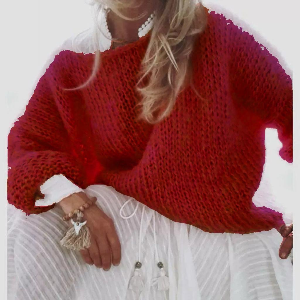 Damen Kurzgeschnitteter flauschiger Grobstrickpullover mit überschnittener Schulter EB