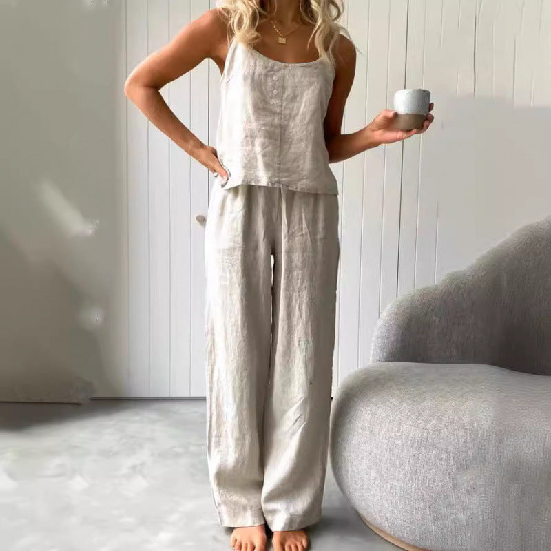 Damen lässiges Leinen-Set mit trägerloser Bluse und weiten Hosen EB