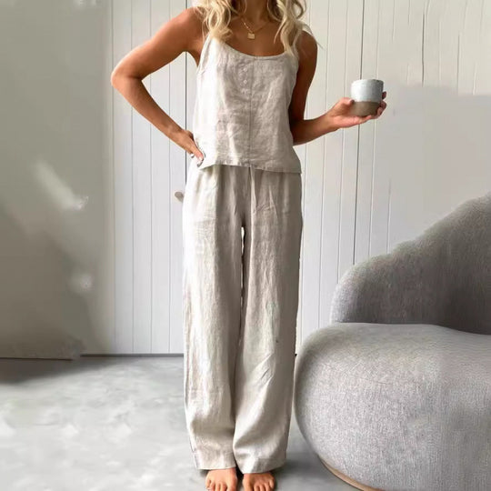Damen lässiges Leinen-Set mit trägerloser Bluse und weiten Hosen EB