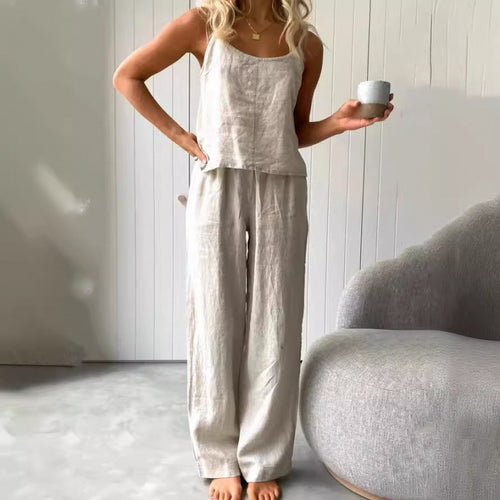 Damen lässiges Leinen-Set mit trägerloser Bluse und weiten Hosen EB