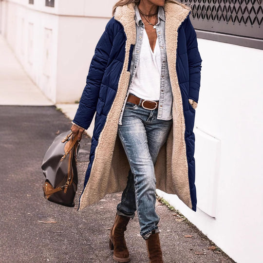Damen lange Steppjacke mit kuscheligem Teddyfutter und großem Revers EB