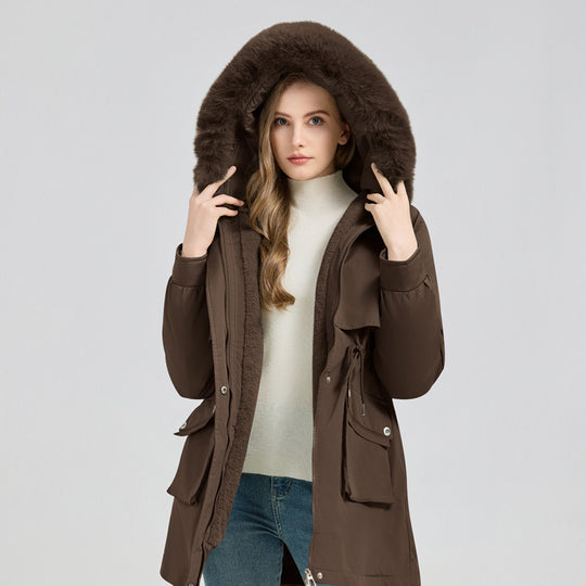 Damen Modische Pufferjacke mit abnehmbarem Kunstpelzkragen und funktionalen Taschen EB