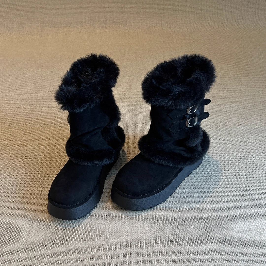 Damen modische Winterstiefel mit kuscheligem Kunstfell und praktischem Doppelriemen EB