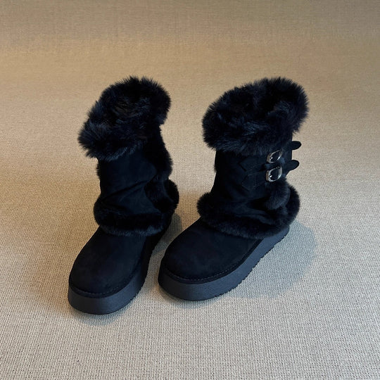 Damen modische Winterstiefel mit kuscheligem Kunstfell und praktischem Doppelriemen EB