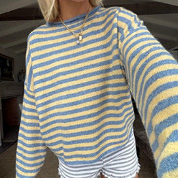 Damen Oversize Flauschiger Streifenpullover mit Boot-Ausschnitt EB
