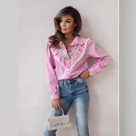 Damen Bluse mit raffinierten Spitzenakzenten und karierter Gestaltung EB