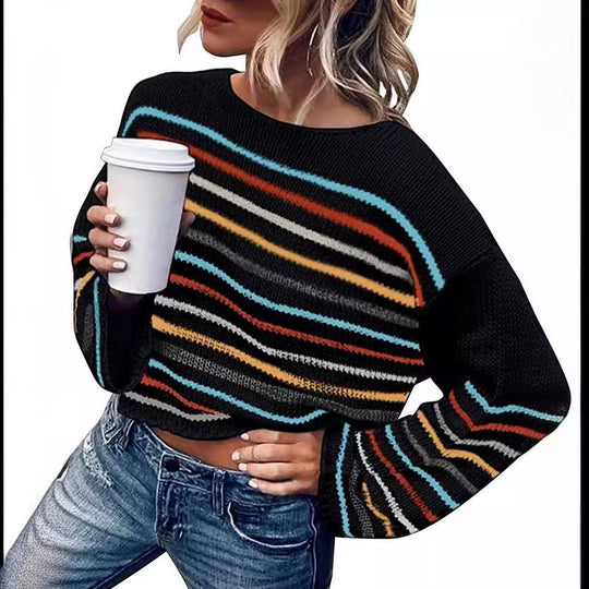 Damen gestreifter, lässiger Pullover EB