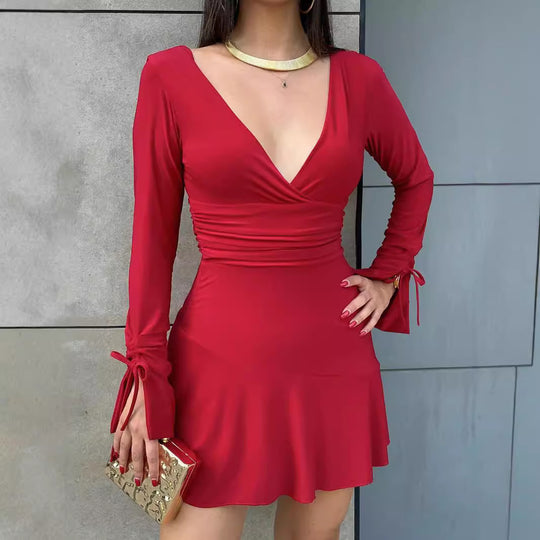 Damen Wickelkleid mit langen Ärmeln und elegante Schnürdetails EB