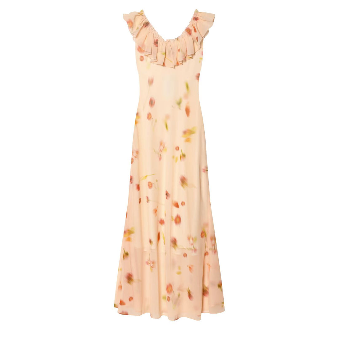 Damen Maxikleid mit romantischem Volant und floralen Akzenten EB