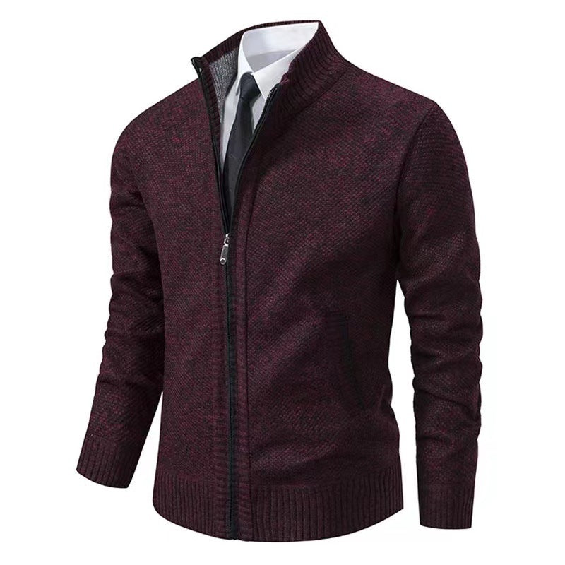 Herren nan melierte Strickzipjacke mit hohem Stehkragen, feiner Struktur und verdeckten Eingrifftaschen EB