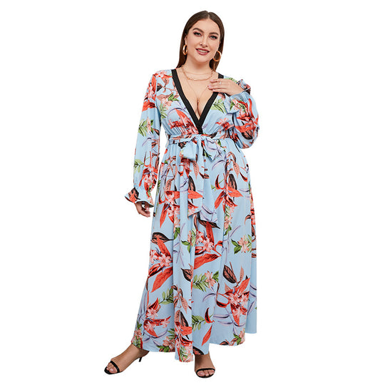 Damen Maxi-Kleid mit elegantem Floral-Design und tiefem V-Ausschnitt EB