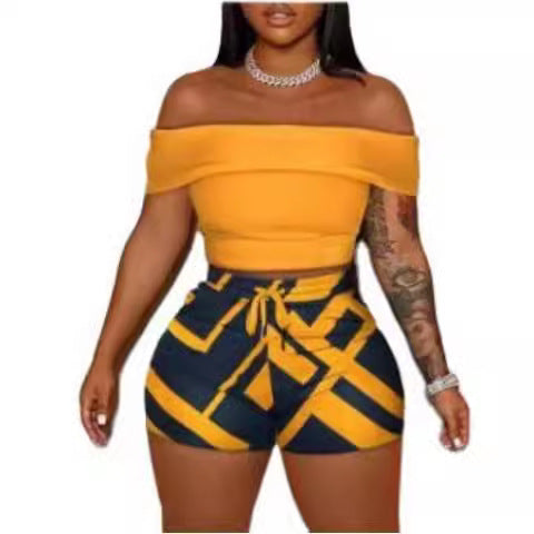 Damen Off-Shoulder Top und Hohe Taille Shorts Set EB