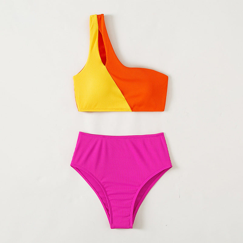 Damen Einseitiger Triangel-Bikini mit buntem Blockdesign EB