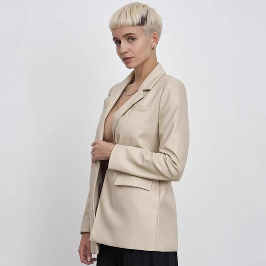 Damen minimalistische und elegante Kunstleder Blazer EB