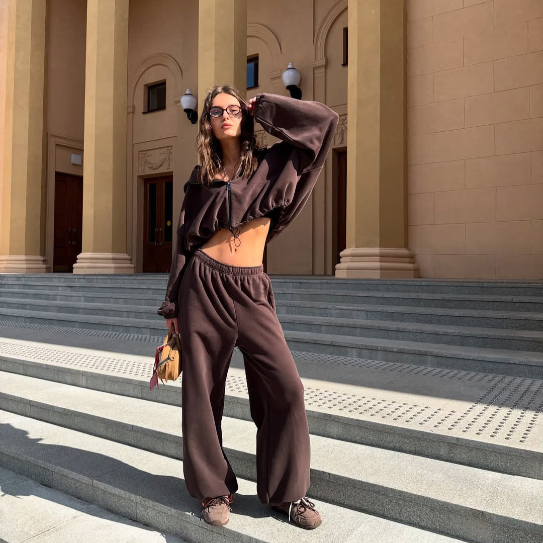 Damen oversized Kapuzenjacke mit Reißverschluss und weiten Jogginghose Lounge-Set EB