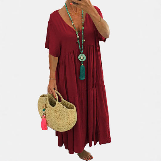 Damen luftiges Boho-Maxikleid mit schwingendem Saum und tiefem V-Ausschnitt EB