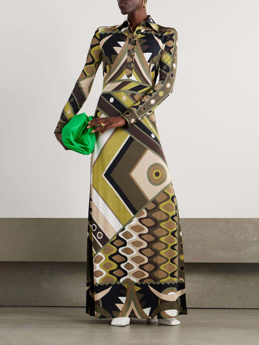 Damen Maxikleid mit geometrischem Muster und Knopfdetails EB