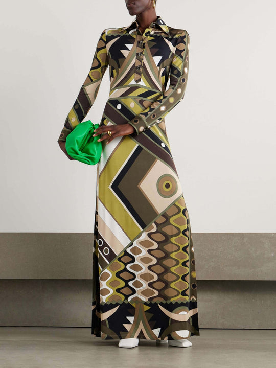 Damen Maxikleid mit geometrischem Muster und Knopfdetails EB