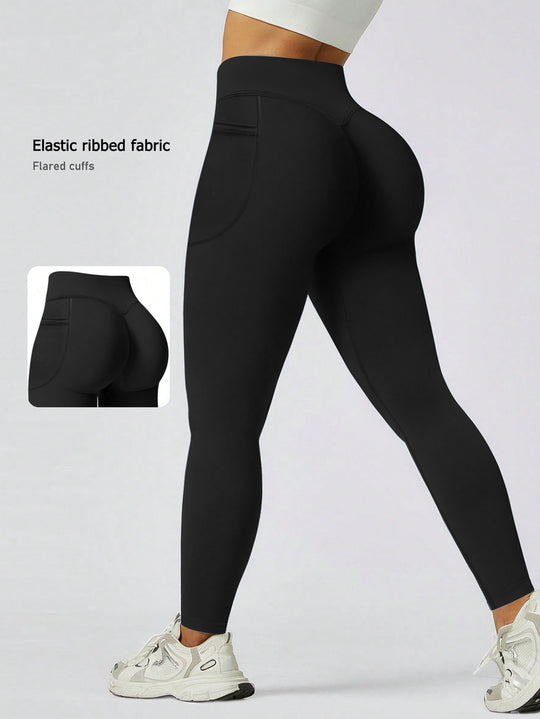 Damen Sportliche Leggings mit elastischem Rippmaterial und ausgestellten Säumen EB