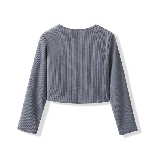 Damen Cropped Rundhals-Cardigan mit Druckknöpfen aus geripptem Strick EB