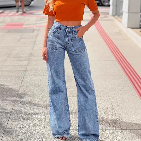 Damen weit geschnittene Jeans mit fransigem Saum EB