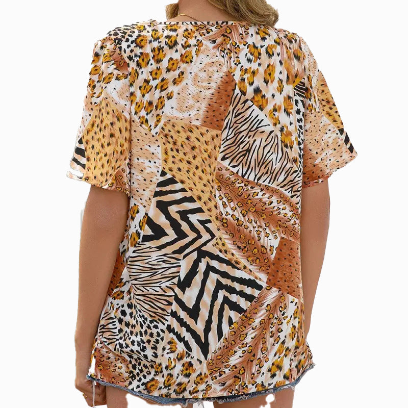Damen Kurzarm Blusenshirt mit kreativem Tiermuster und V-Ausschnitt EB