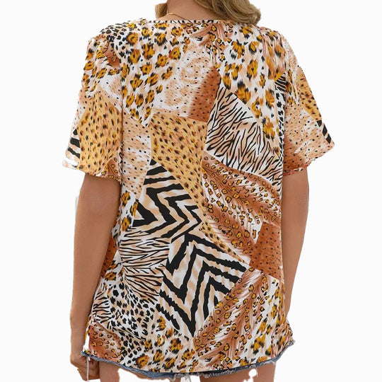 Damen Kurzarm Blusenshirt mit kreativem Tiermuster und V-Ausschnitt EB