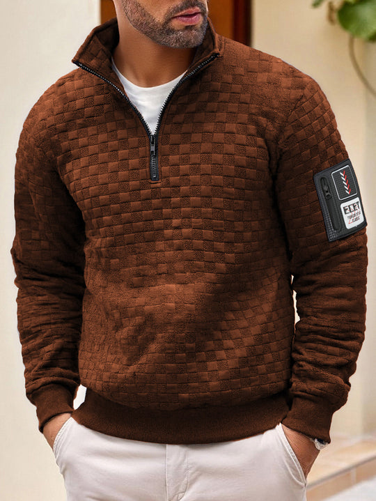Herren nan strukturierter Stehkragen-Halbzip-Pullover mit Karosteppung, elastischen Bündchen und Ärmel-Patch EB