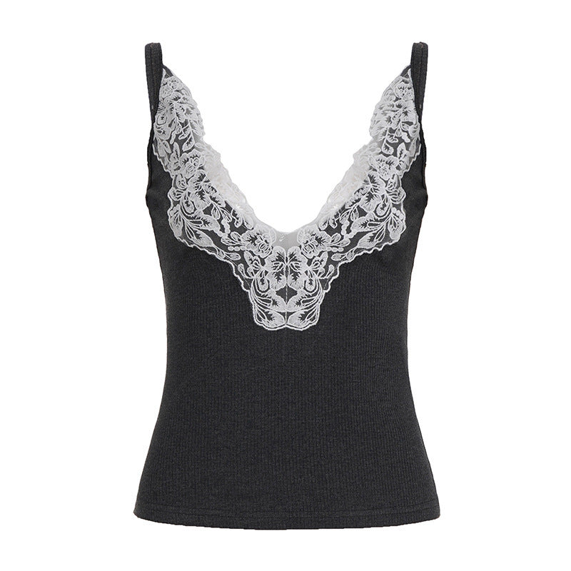 Damen Elegantes Top mit Spitzenverzierung und tiefem V-Ausschnitt EB