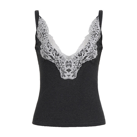Damen Elegantes Top mit Spitzenverzierung und tiefem V-Ausschnitt EB
