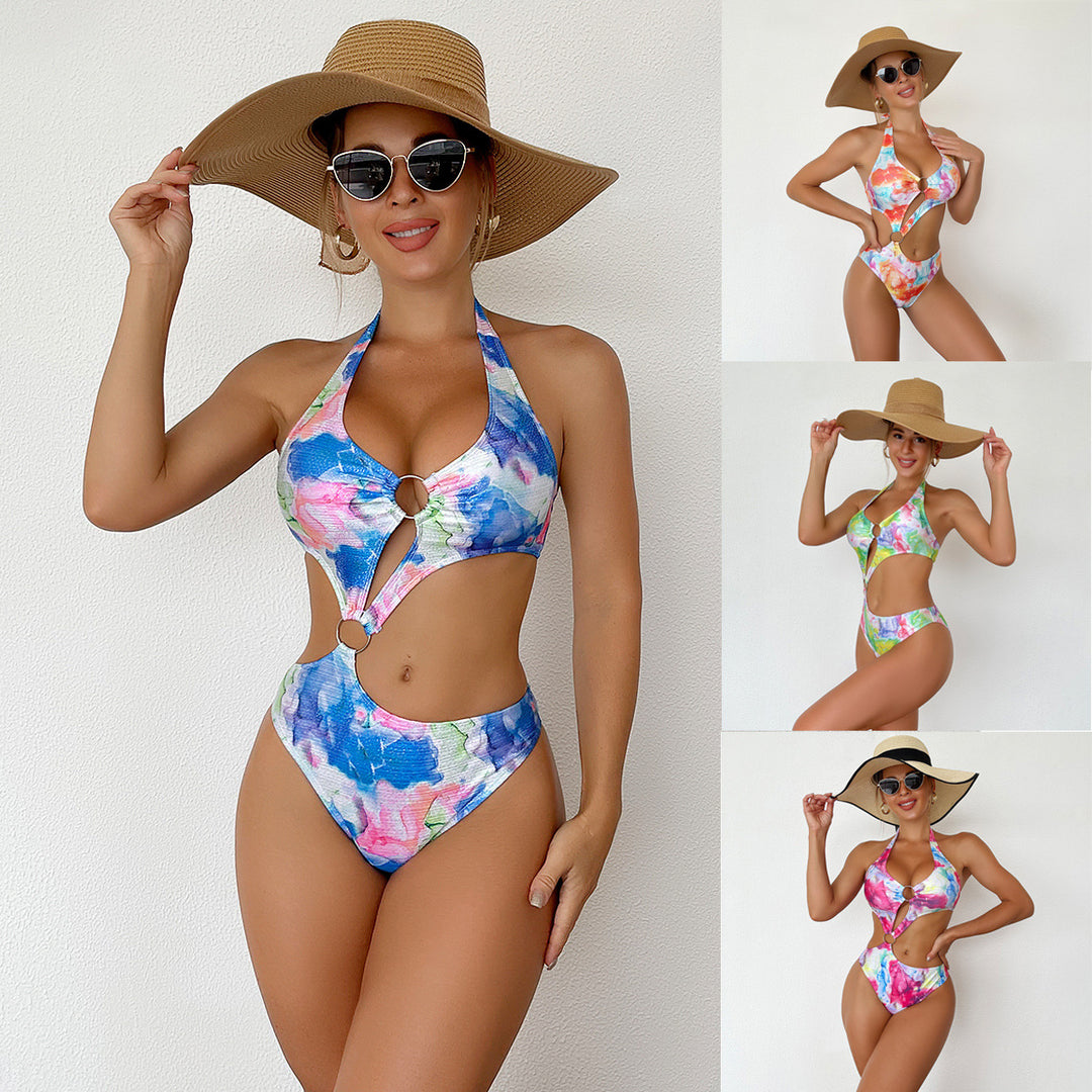 Damen Einteiler Badeanzug mit schickem Cut-Out und buntem Design EB