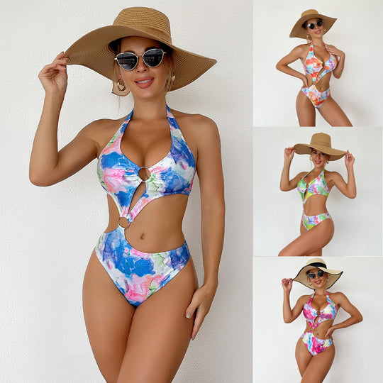 Damen Einteiler Badeanzug mit schickem Cut-Out und buntem Design EB