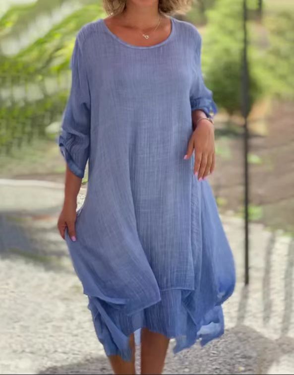 Damen nan weites Musselin-Midikleid mit rundem Halsausschnitt, krempelbaren halblangen Ärmeln und mehrlagigem Stufenrock EB