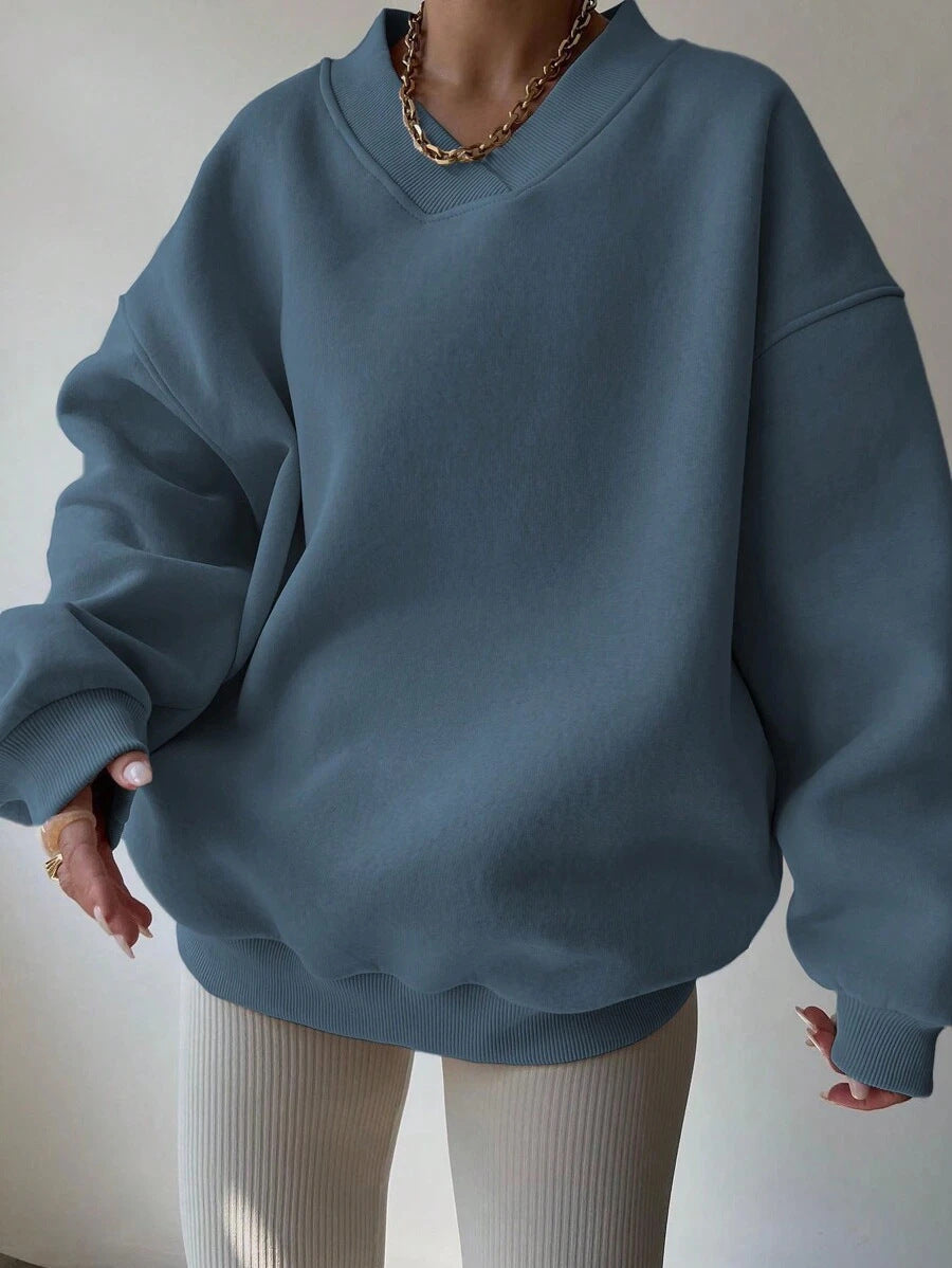 Damen Oversized V-Ausschnitt Sweatshirt mit verstärktem Rippkragen und extraweitem Cut EB
