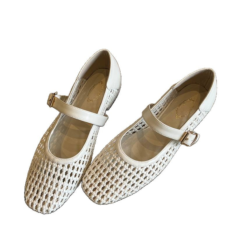 Damen geschlossene Ballerinas mit festem Riemen und geflochtenem Obermaterial EB