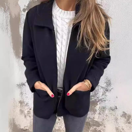 Damen modische Fleecejacke mit praktischen Taschen und elegantem Kragen EB