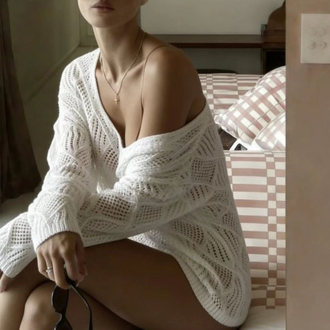 Damen legerer Netzpullover mit V-Ausschnitt und stylischen Details EB